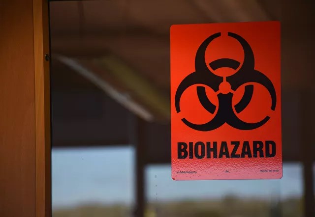 Biohazard sign on door of lab in Georgia