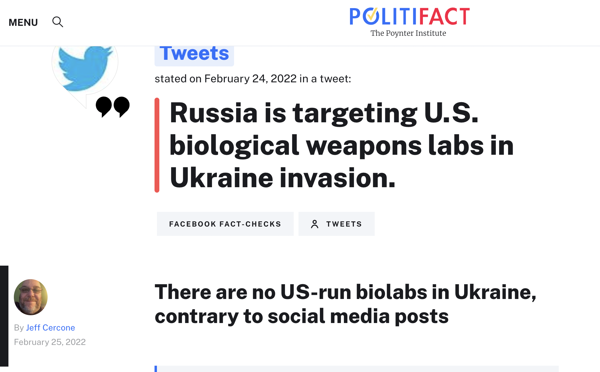 Politifact tweet saying no biolabs in Ukraine