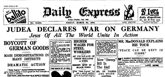 Judea Declares War on Germany Headline 1933