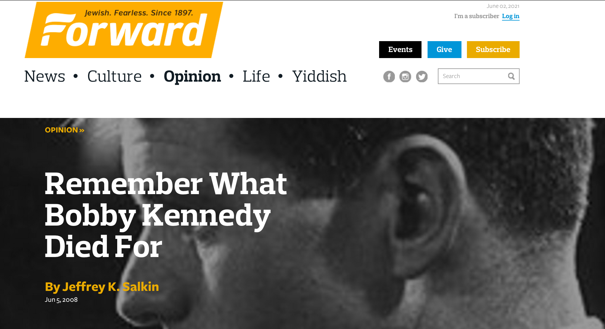 Jewish Forward - Remember What Bobby Kennedy Died For