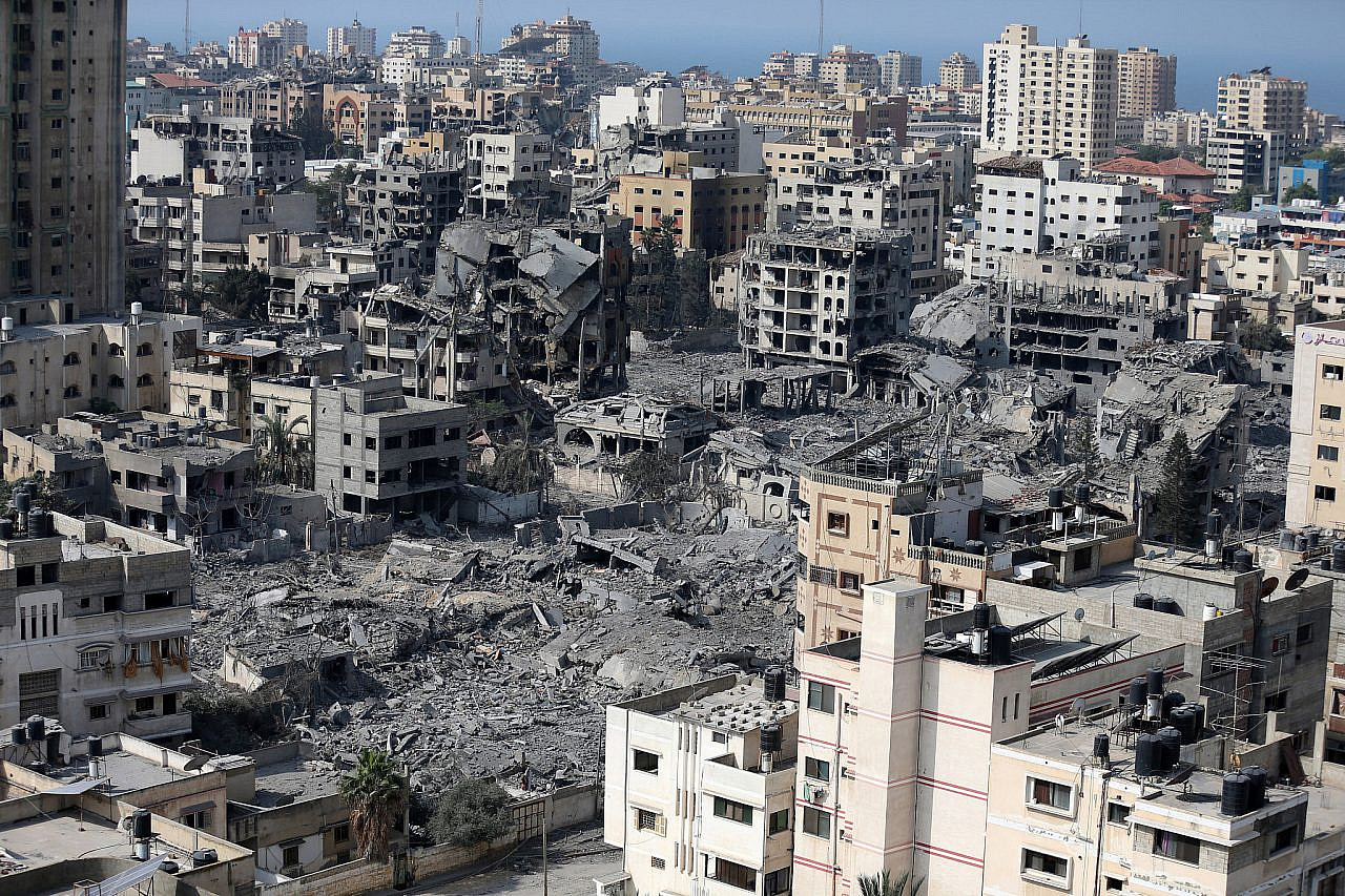 Devastation is seen in the area of Al-Rimal