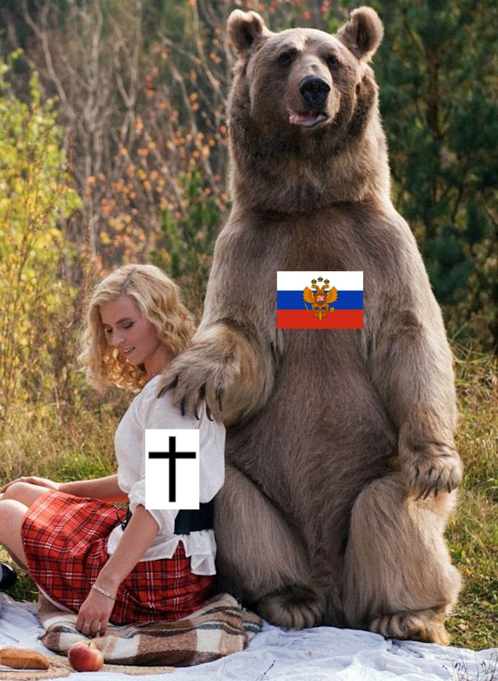 Grizzly Bear (Russia) with its paw on the shoulder of beautiful white woman (Christianity)