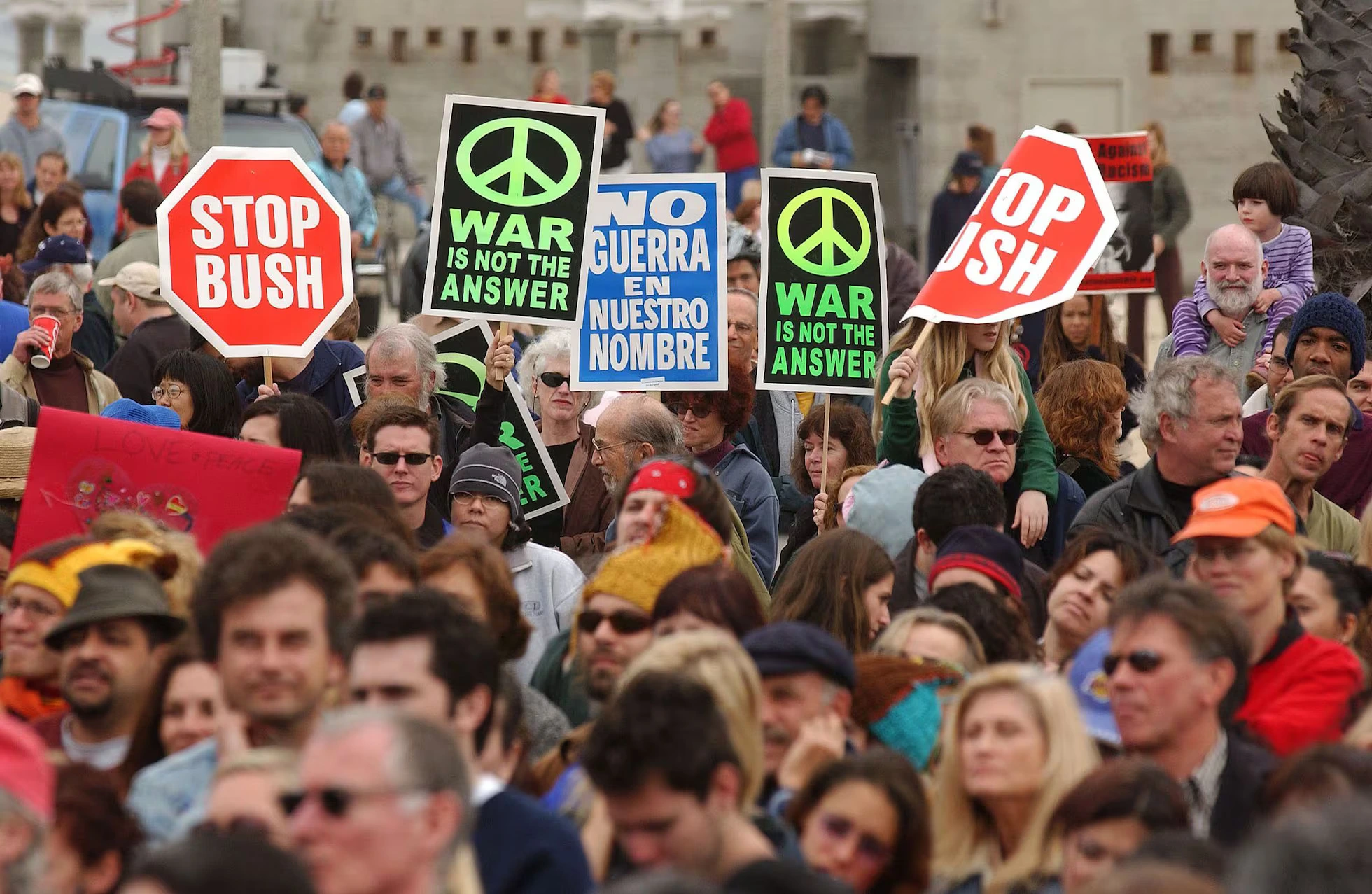 An anti-war demonstration on Santa Monica Beach, California, February 15, 2003.