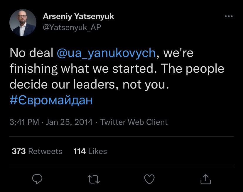 Arseniy Yatsenyuk tweeet to then President Yanukovych